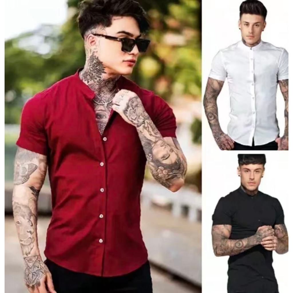 Camisa Social Gola Padre Masculina Slim Fit Manga Curta em Oferta na Shopee