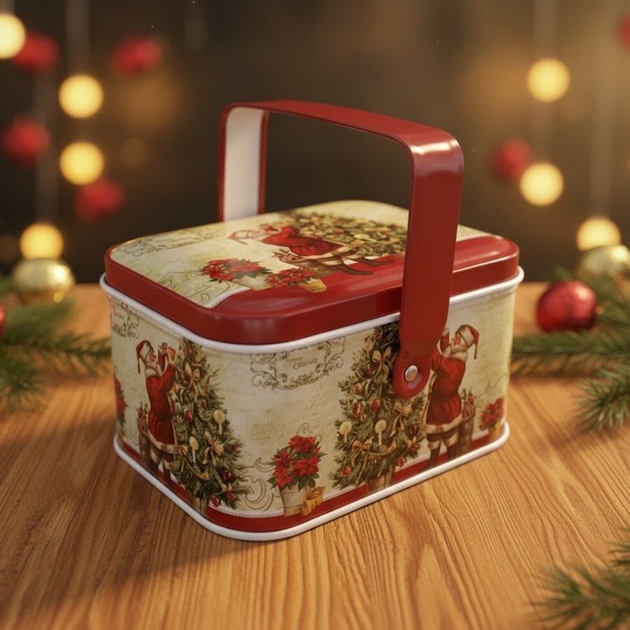 Lata de Metal Retangular Com Alça de Natal - Noel Clássico - 6x10,5x8cm - 1 unidade - Rizzo
