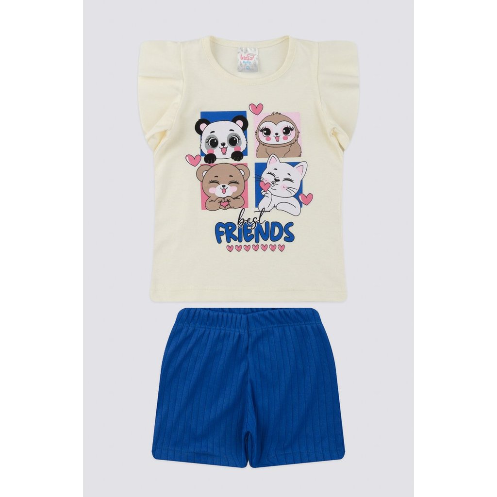 Conjunto Primeiros Passos Feminino Meia Malha/Ribana Canelada Off-White Com Royal