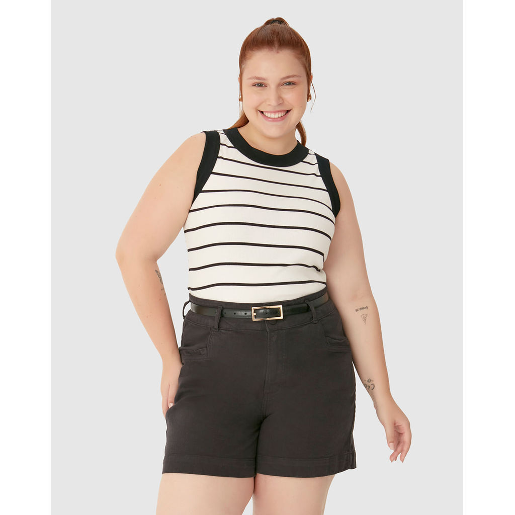 Regata Feminina Plus Size Justa Costura Contraste Em Ribana Listrada
