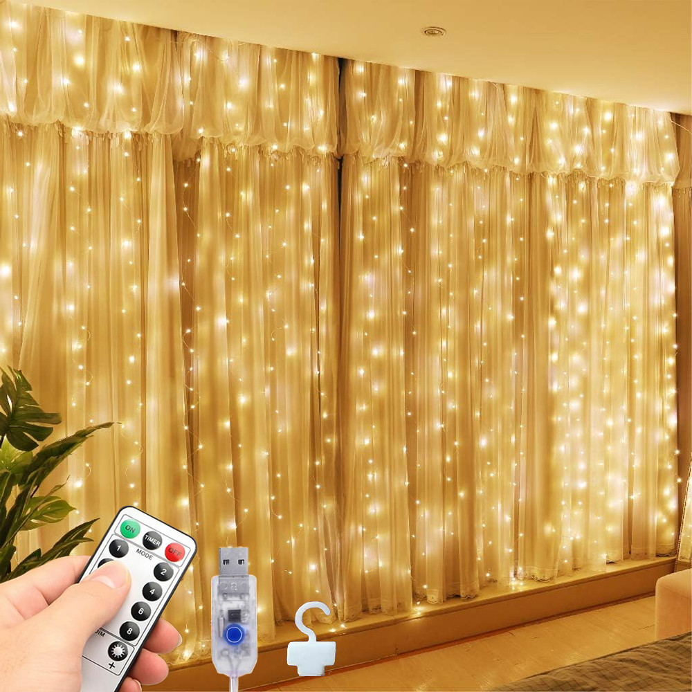 6x3M （3x3m） 600/300 LED cortina de luz com controle remoto 8 modos de iluminação corda de luz USB várias em Oferta na Shopee