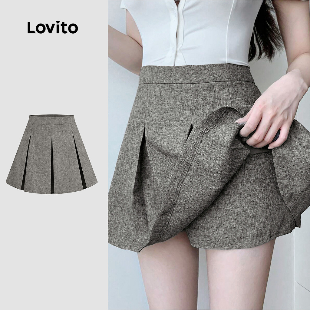 Lovito Shorts Casuais Lisos Com Dupla Camada Plissada Cinza Primavera/verão Para Mulheres L134ED319 em Oferta na Shopee
