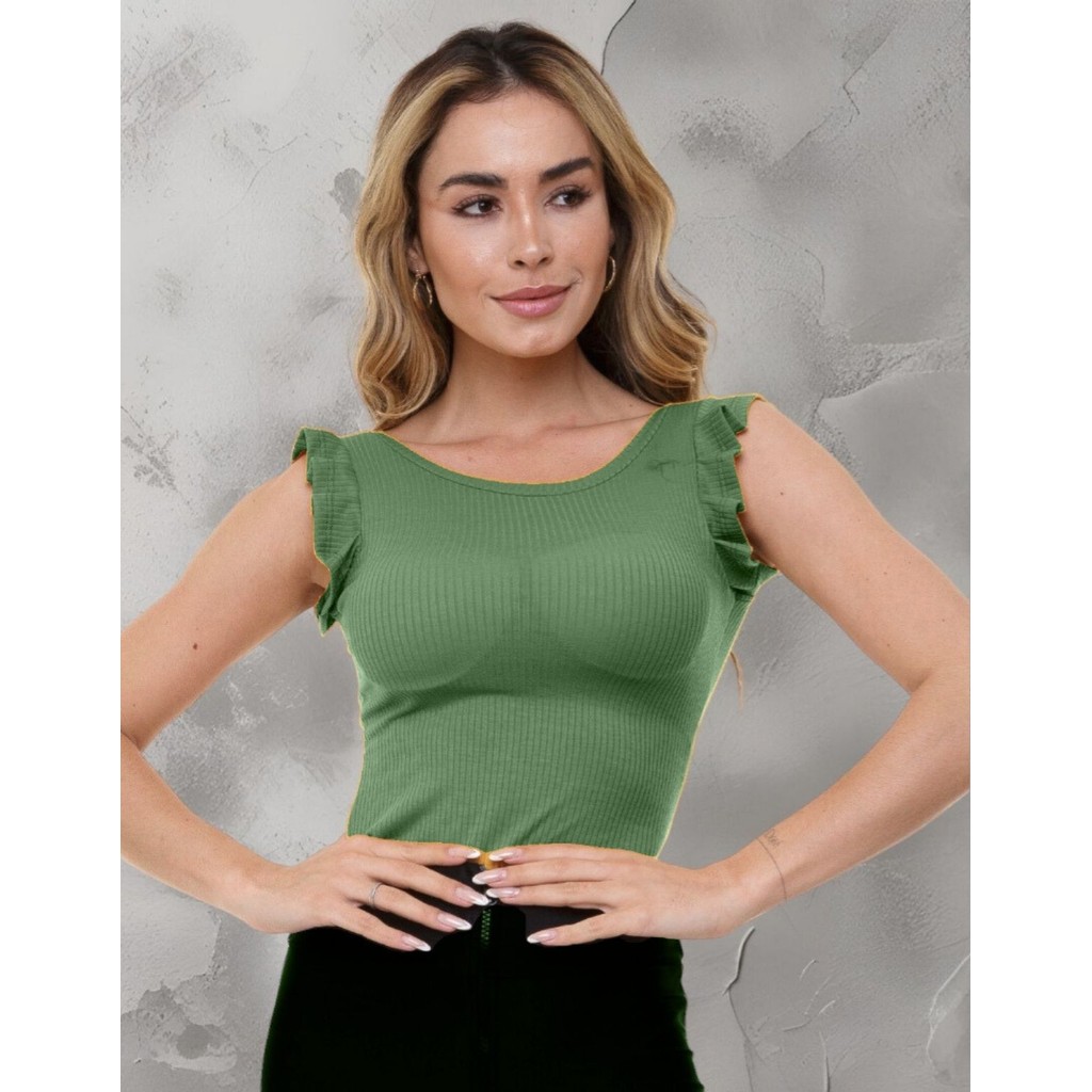Detalhes do Body Canelado Regata Babado Pregas Blusinha Feminina Princesa Modinha Básica Minimalista