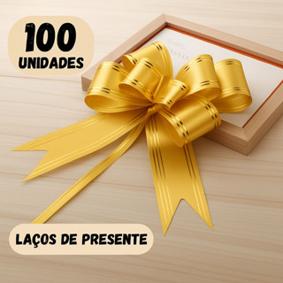 Kit 100 Laços Para Presente Pronto Fácil em Cetim Com Filete Dourado Tamanhos P / M e G em Oferta na Shopee
