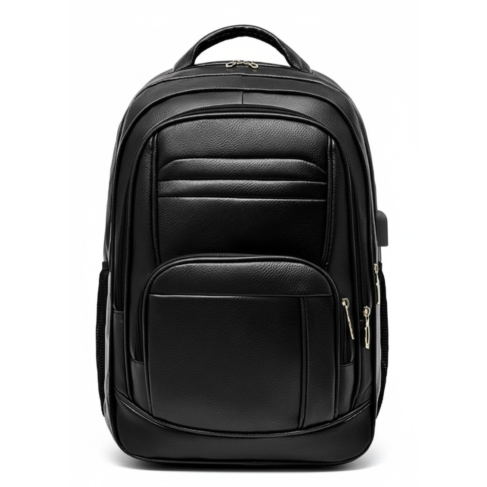 Mochila de Couro Média Preta Resistente com Entrada USB e Compartimento para Notebook Escolar