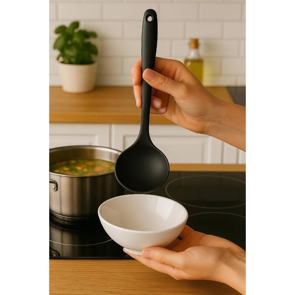 Concha Silicone Preto Cozinha Pegador Molho Feijão Sopa Talheres Comer Servir Presente Espátula