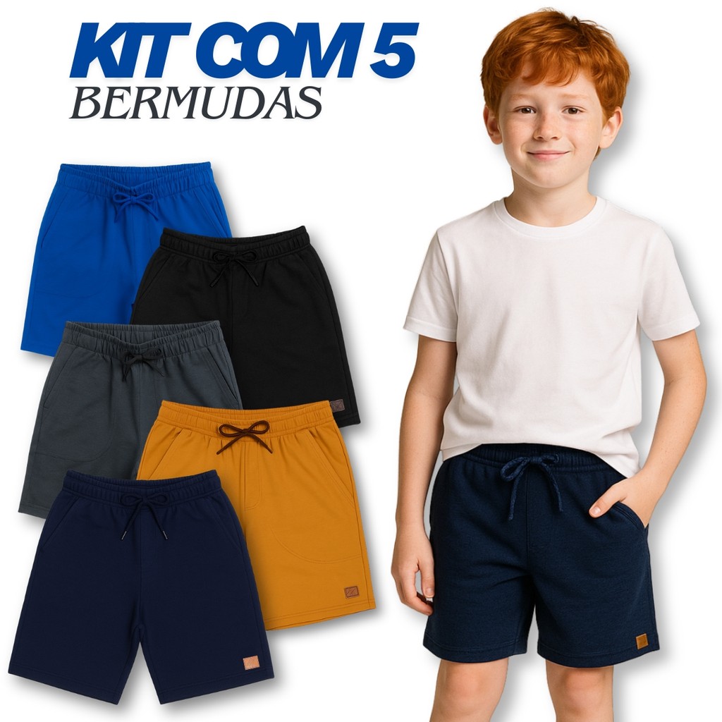 Kit com 5 Bermudas Infantis Masculinas com Bolsos | Moletom Leve 100% Algodão | Tamanhos 4 ao 16