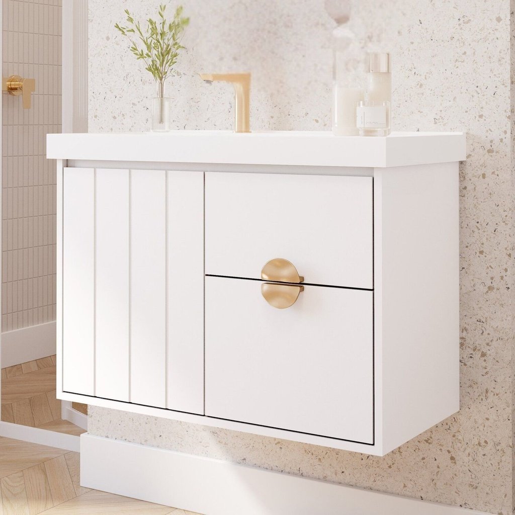 Gabinete para Banheiro 80cm com 1 Porta 2 Gavetas e Cuba de Embutir Copenhague Branco em Oferta na Shopee