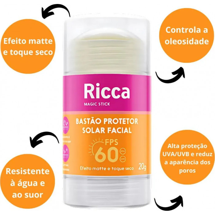 Bastão Facial Protetor Solar Ricca FPS 60 Proteção Alta e Toque Seco Para Todos os Tipos de Pele 20g