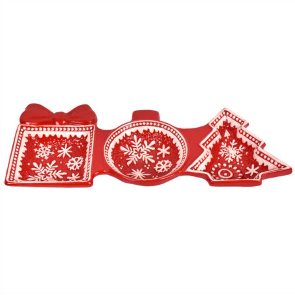 Petisqueira Floco de Neve Tripla Vermelho Branco Louça Natal 32cm