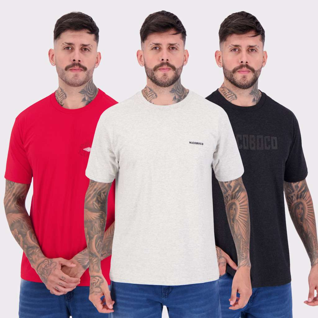 Kit 03 Camisetas Nicoboco Cinza Vermelho e Preta em Oferta na Shopee