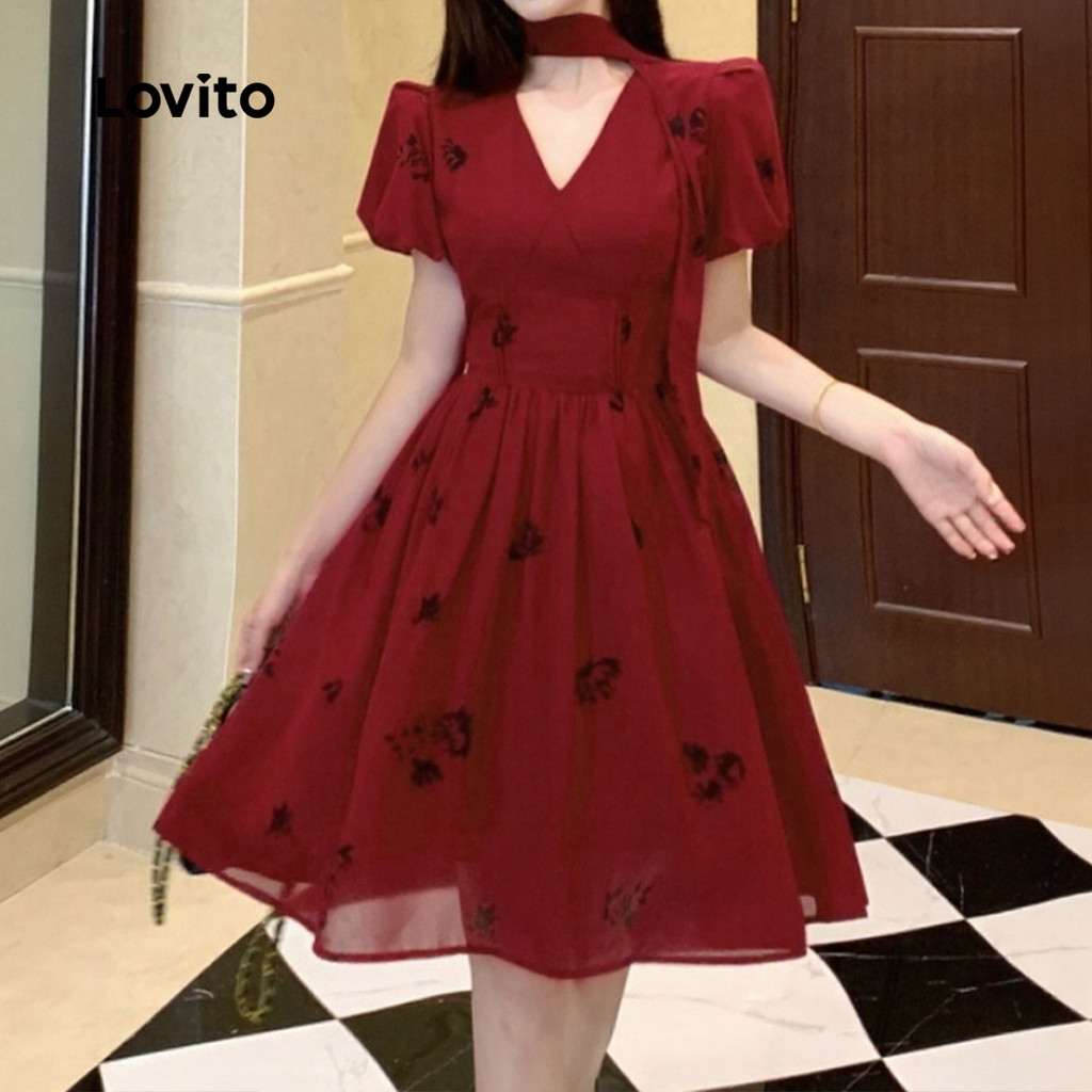 Lovito Vestido Sofisticado com Estampa Floral Primavera/verão Vermelho Feminino L158ED1059