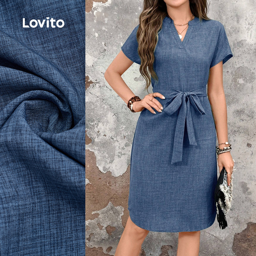 Lovito Vestido Casual com Cinto para Primavera/verão Azul para Mulheres LBL29086 em Oferta na Shopee