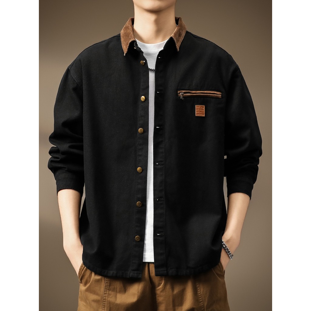 High-End americano Retro caça camisa jaqueta masculina 2026 outono novo estilo contraste cor costura lapela jaqueta de c