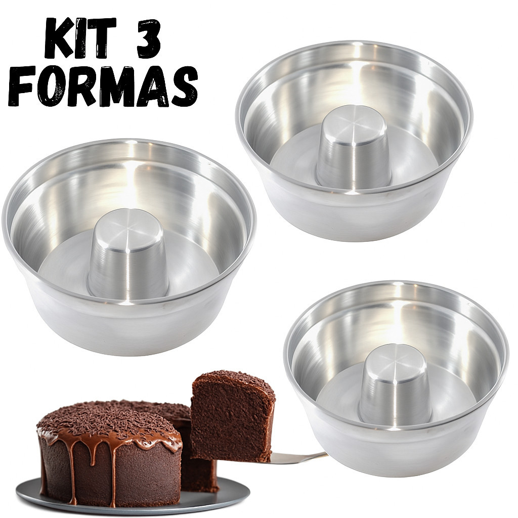 KIT 3 Formas para Bolo com furo, 20, 18 e 16cm Torta Suíça Pudim bolo Air Fryer