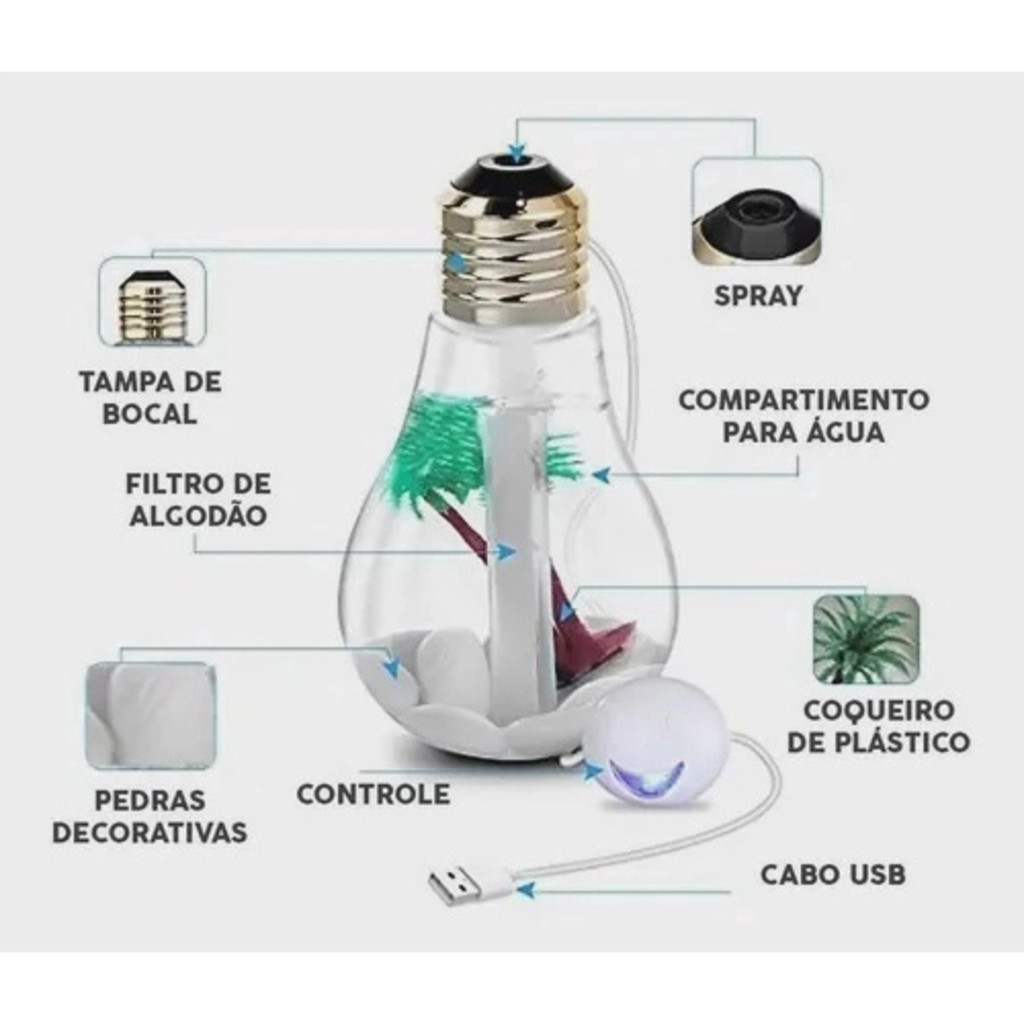 Mini Umidificador Ar Ambientes Lampada Cabo Usb Portátil Led — imagem 2 de 2