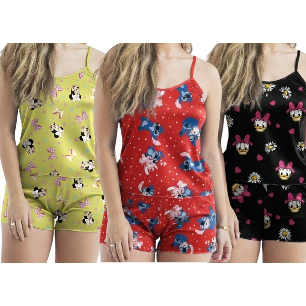 Kit Baby Doll Short Doll Alcinha Estampado Pijama Feminino Roupa para dormir Verão Confortável Fresquinho