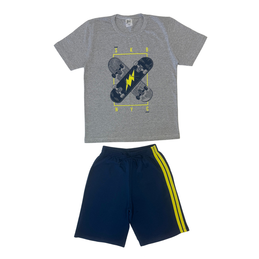 Conjunto Juvenil Masculino Meia Malha/Moletinho Mescla Com Marinho
