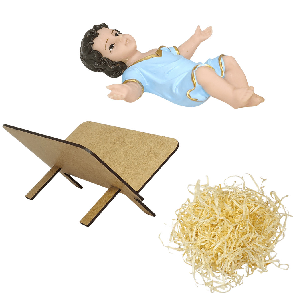 Kit Menino Jesus em Resina 15 cm com Manjedoura MDF e palha — imagem 2 de 2