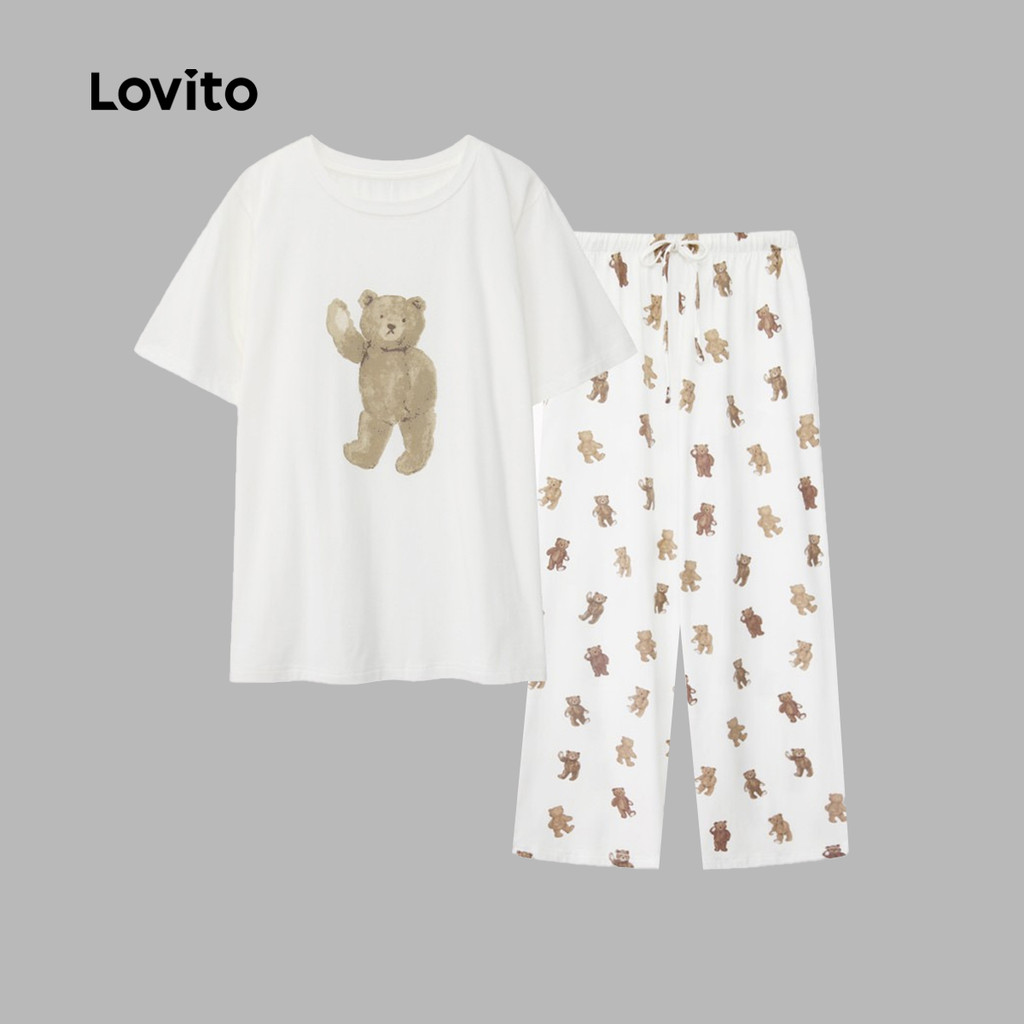 Detalhes do Lovito Pijama Feminino 2 Peças com Estampa de Urso Fofo e Casaquinho para Verão LNE121192