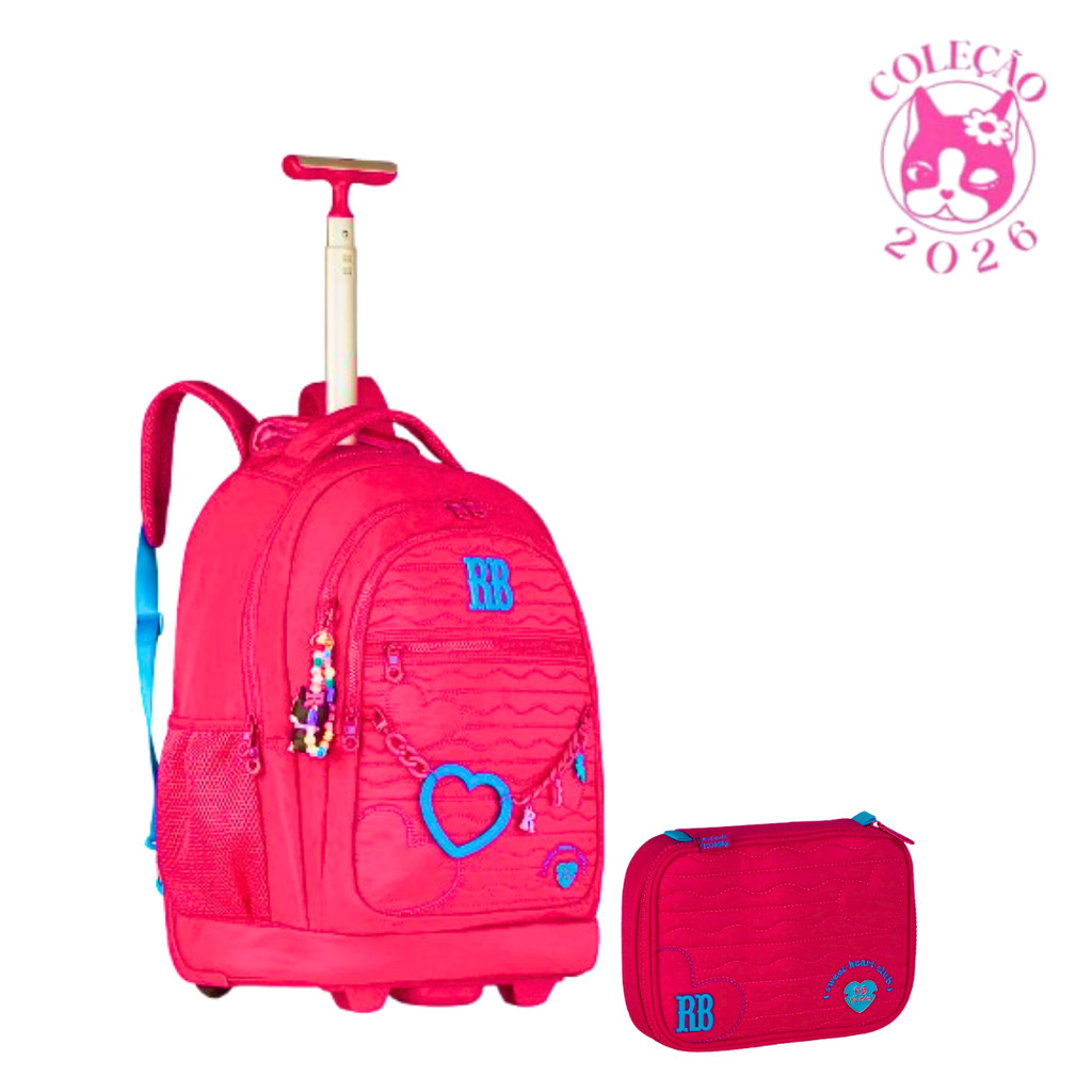 Kit Mochila de Rodinha Com Estojo Rebecca Bonbon Heart Beats Kit:Rosa