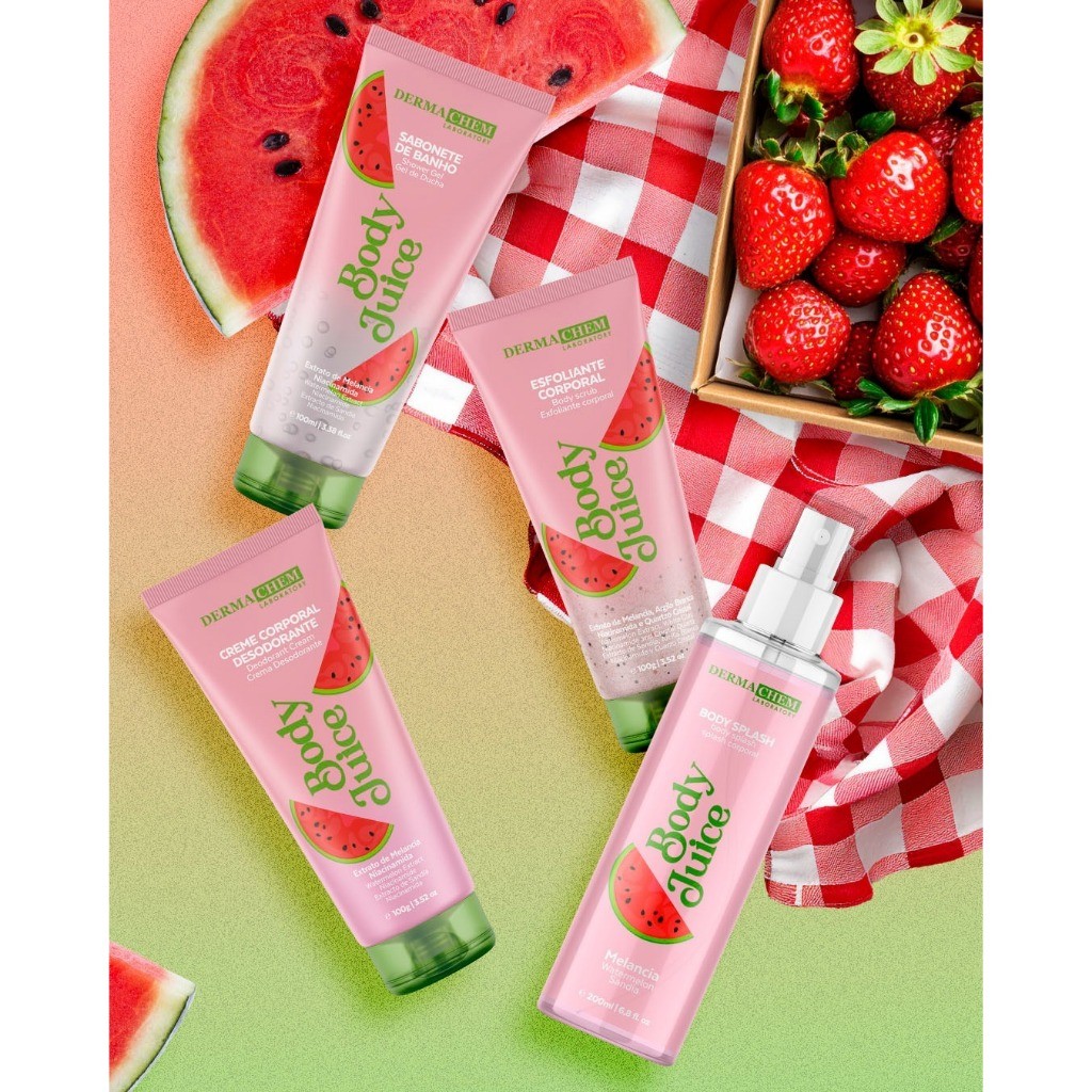 Kit 4 Cuidados Corporais Skin Care Melancia e Morango Body Splash Creme Hidratante Esfoliante Dermachem