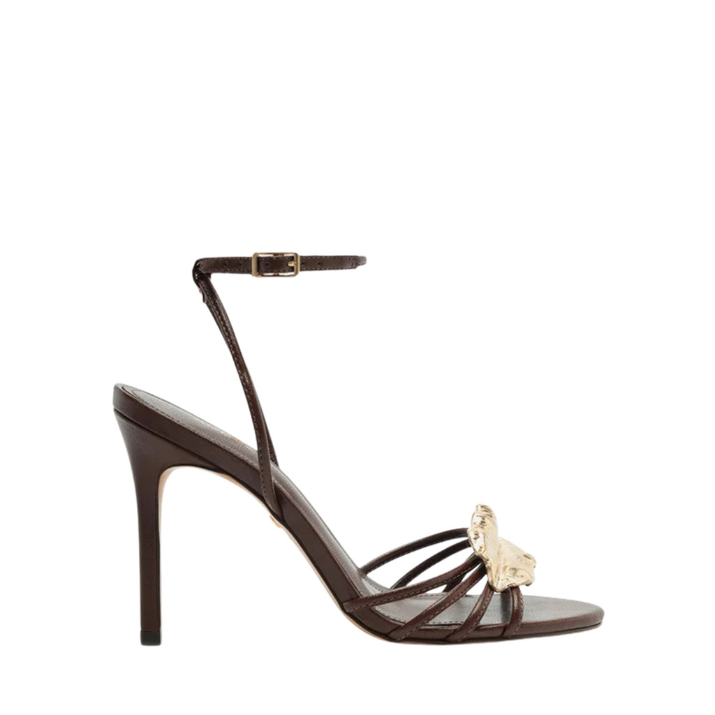 Sandália Arezzo Couro Salto Alto Fino Folha Metal