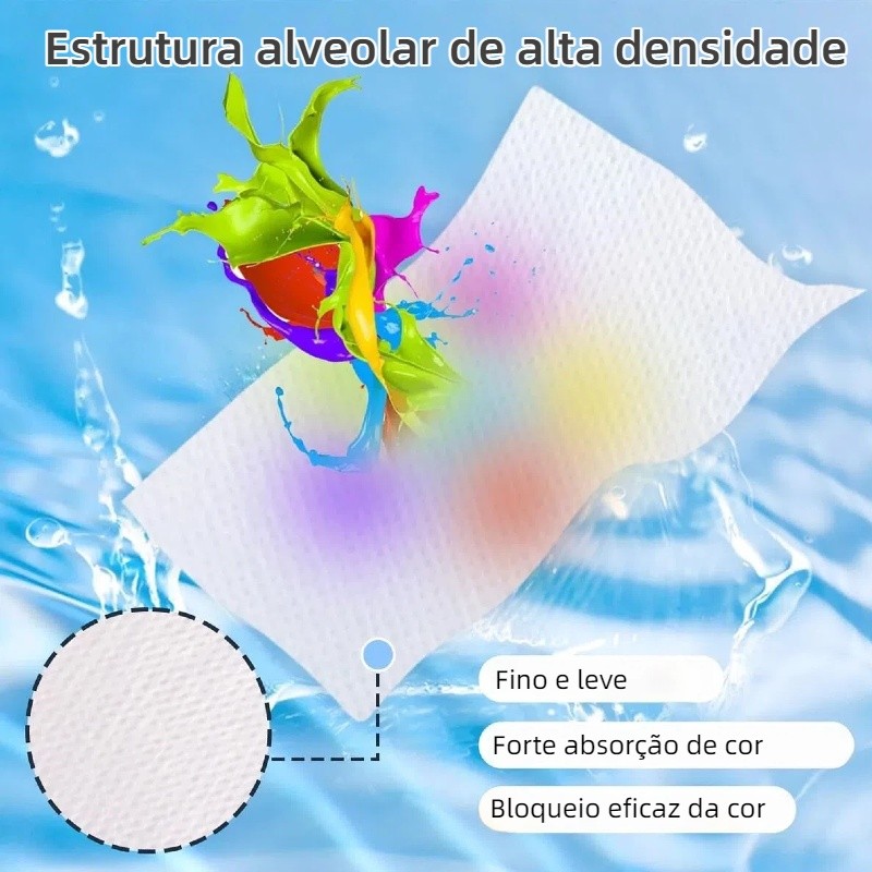Folha Absorvedora de Cor para Lavagem — Anti-Transfêrencia de Cor, Não Mancha, Uso na Máquina