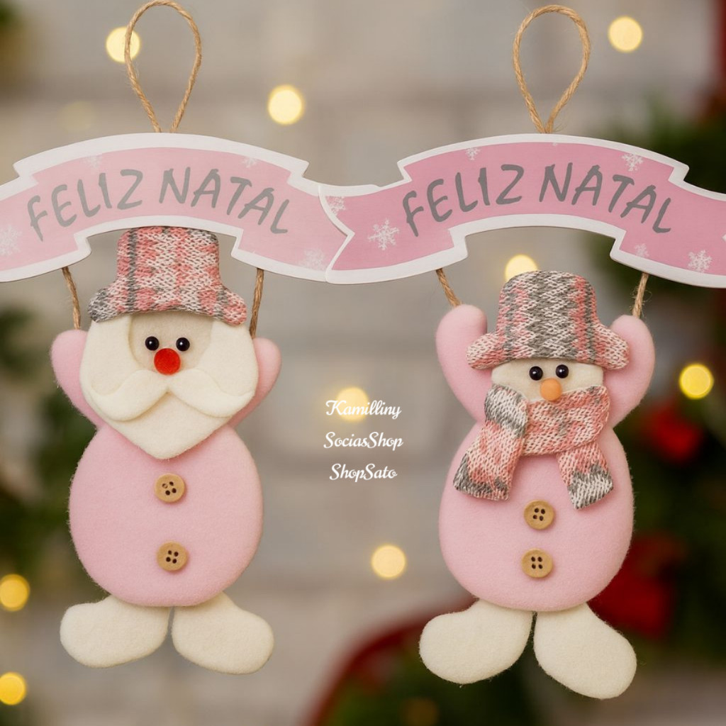 Enfeite Placa Feliz Natal Rosa 24cm Papai Noel e Boneco De Neve Decoração Para Portas E Janelas