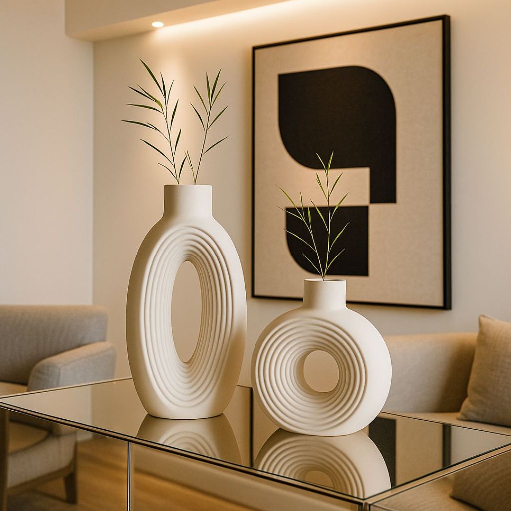 Conjunto 2 Vasos Decorativos Marfim e Branco Com Formas Onduladas Perfeito Para Ambientes Modernos E Acolhedores em Oferta na Shopee
