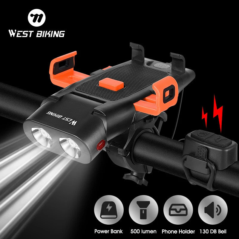 Lanterna Frontal para Bicicleta WEST BIKING com Controle por Cabo, Suporte para Telefone, Power Bank Recarregável, Farol