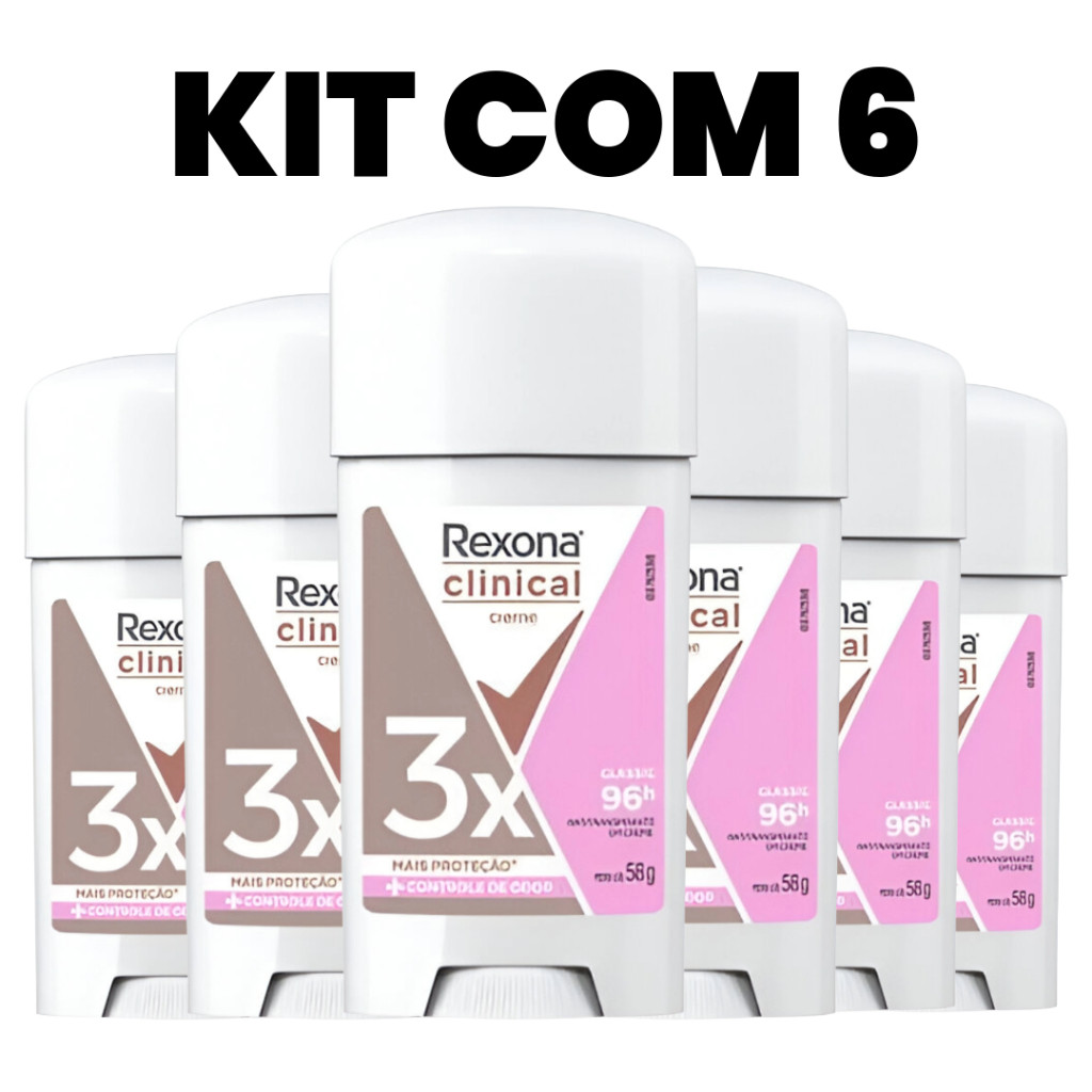 Kit 06 Desodorante Antitranspirante Creme Rexona Clinical Extra Dry Feminino 96h 3x Proteção 58g em Oferta na Shopee