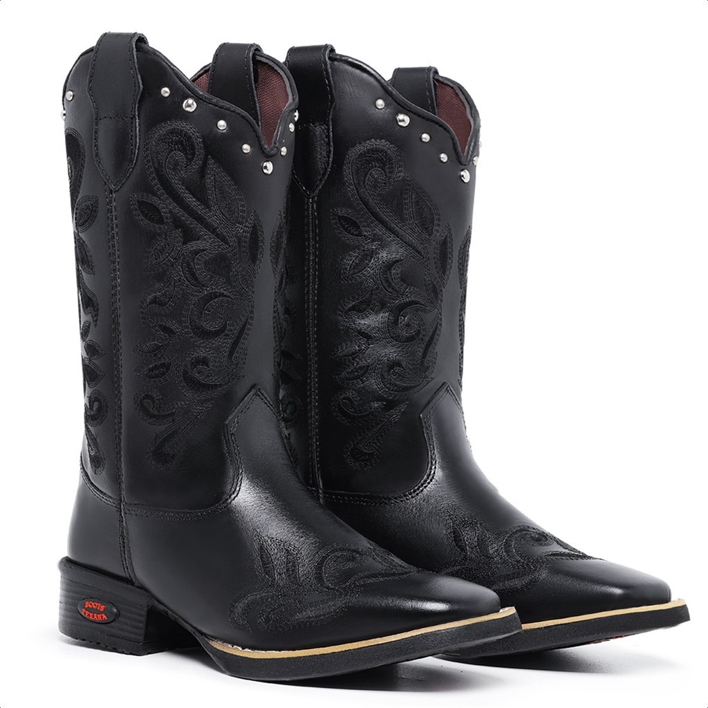 Bota Texana Feminina Couro Legítimo Bordada Moda Sertaneja Estilo Premium Confortável Country Rodeio
