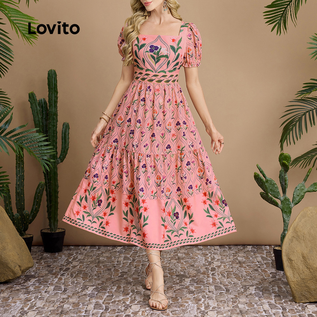 Lovito Vestido Boho com Zíper Primavera/verão Vestido Rosa para mulher LBL30273 em Oferta na Shopee