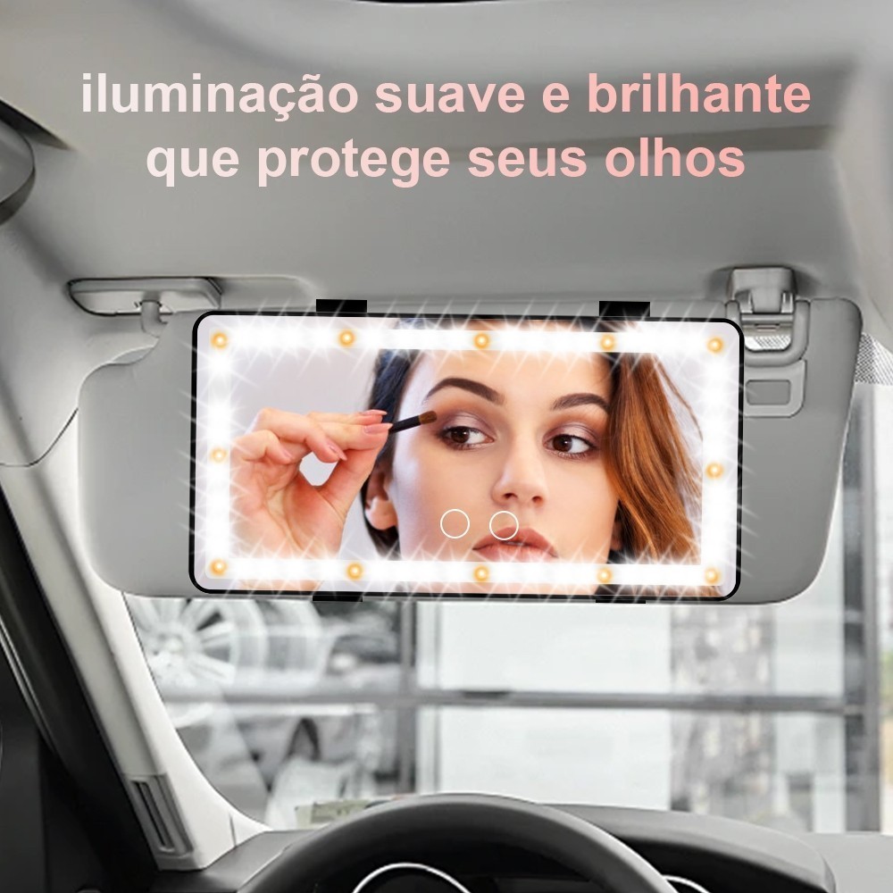 Espelho De Maquiagem LED Para Carro Com 3 Modos de Led Recarregável Touch Luz Branco Quente Frio Placa Viseira Solar