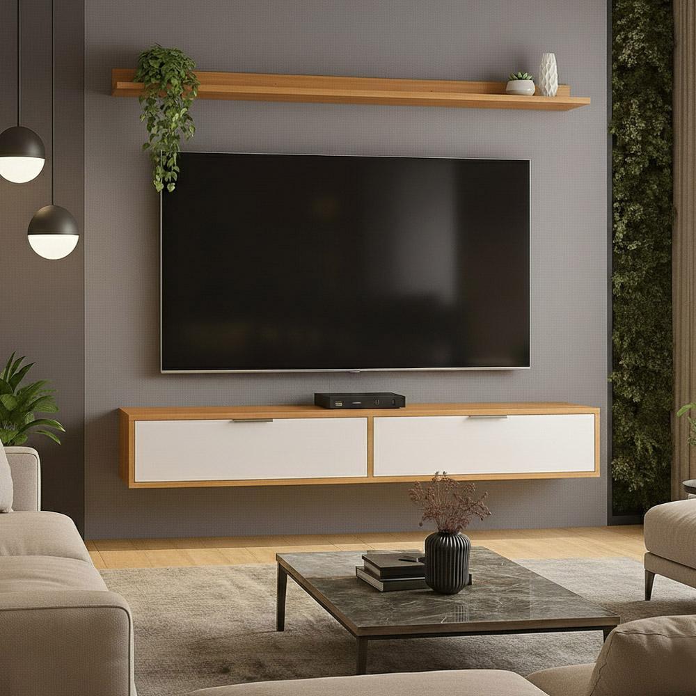 Rack Tv 75 Pol. Suspenso 180cm 2 Portas Lila Branco/Cinamomo Z49 - Mpozenato