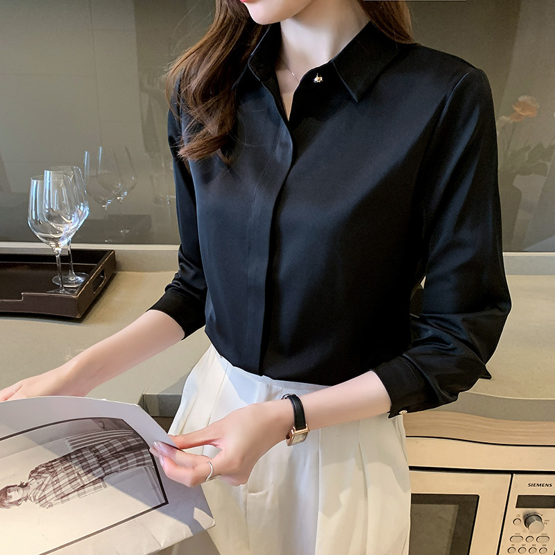 Camisa preta feminina 2026 primavera outono novo estilo profissional fino ajuste High-End camisa de cetim elegante Workw