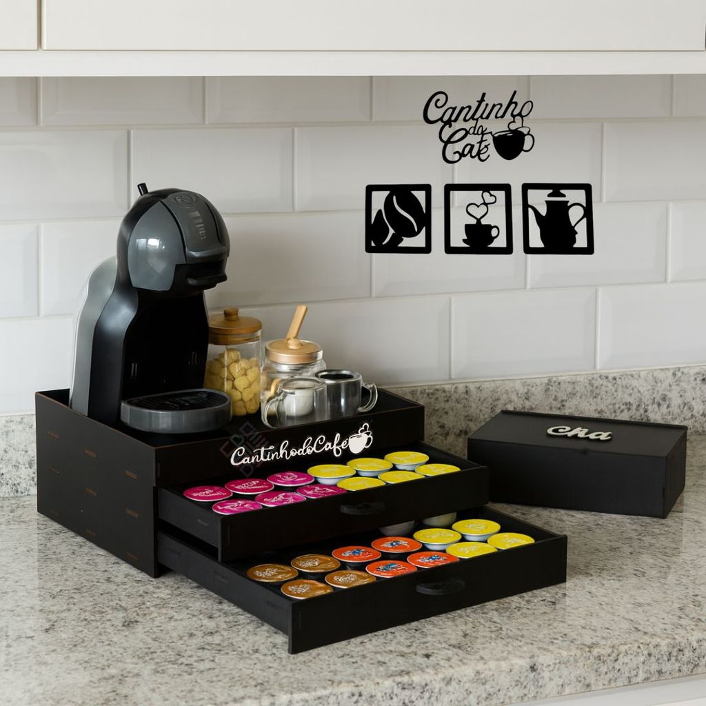 Kit Completo Bandeja Porta 48 Cápsulas + Caixa Chá Cantinho do Café E Organizador Sachê Chá Grande