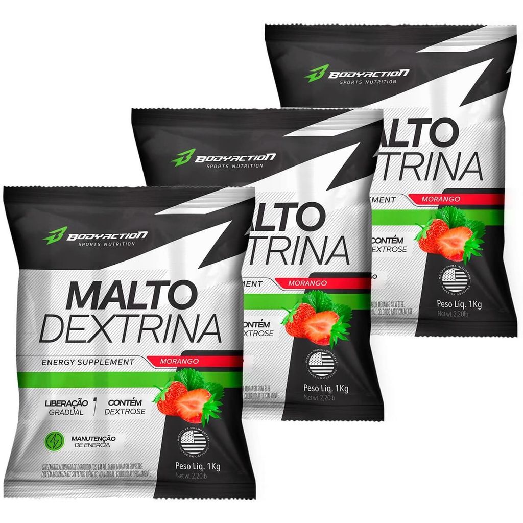 Kit 3X Malto Dextrin - 1000g Refil Morango Silvestre - BodyAction em Oferta na Shopee