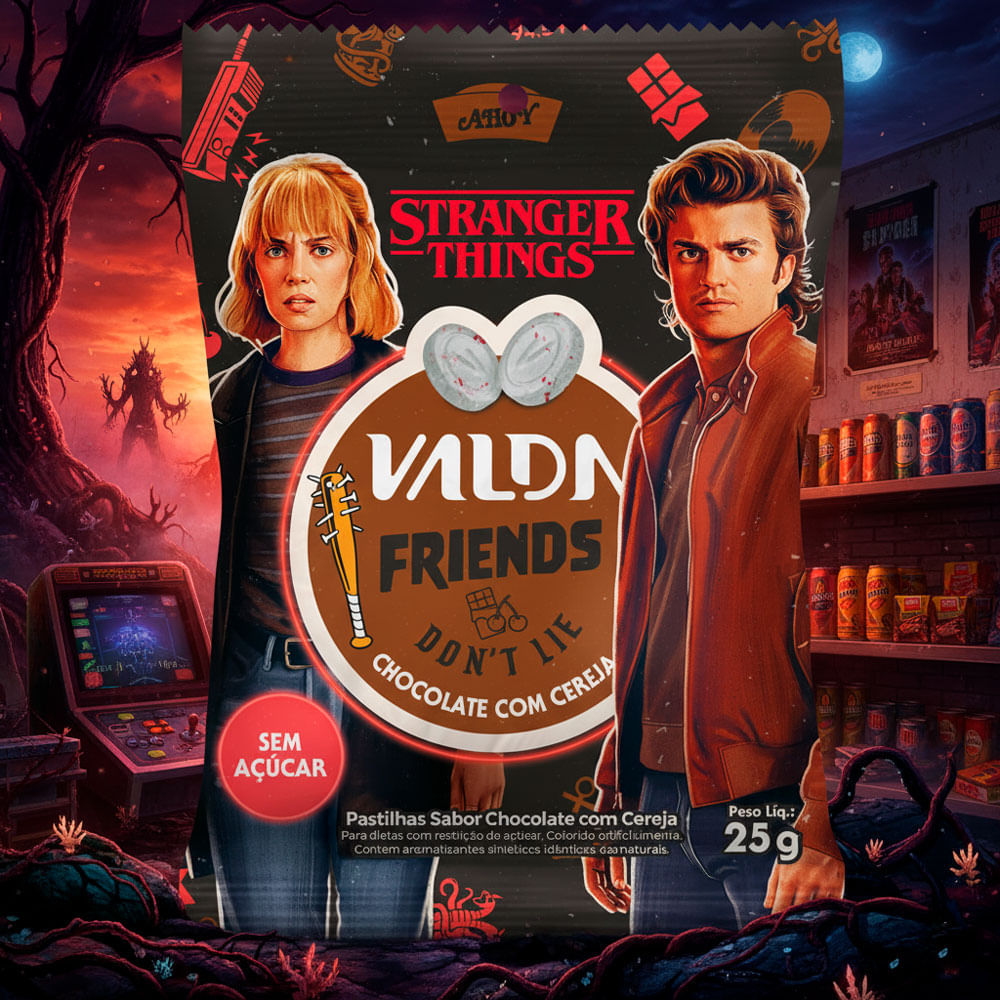Detalhes do Pastilhas Valda Friends Dont't Lie Stranger Things Chocolate com Cereja Sem Açúcar 25g