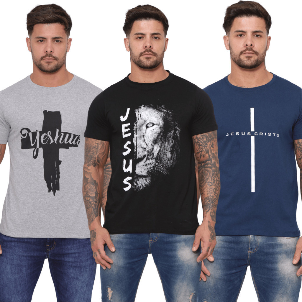Kit 3 Camisa, Camiseta Plus Size Jesus Cruz Logo Religiosa Evangélica 100% Algodão em Oferta na Shopee