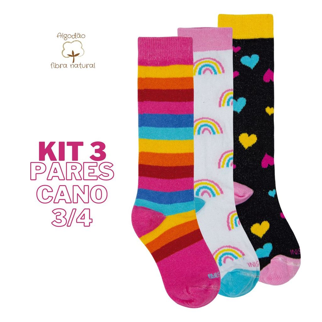 Kit 3 Pares Meias Infantil Cano Longo 3/4 Colorida Galocha Escola Órtese em Oferta na Shopee
