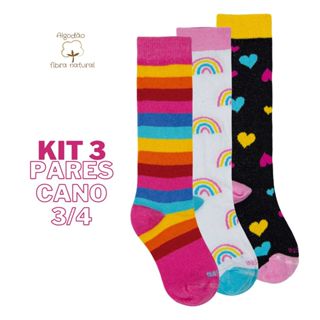 Kit 3 Pares Meias Infantil Cano Longo 3/4 Colorida Galocha Escola Órtese em Oferta na Shopee
