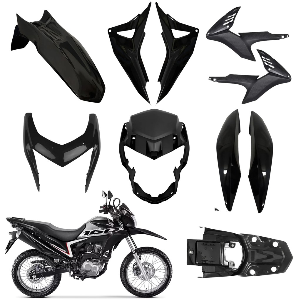 KIT CARENAGEM COMPLETO DIANTEIRO TRASEIRO PRETO HONDA NXR BROS 160 2015-2021 PARAMOTOS HONDA