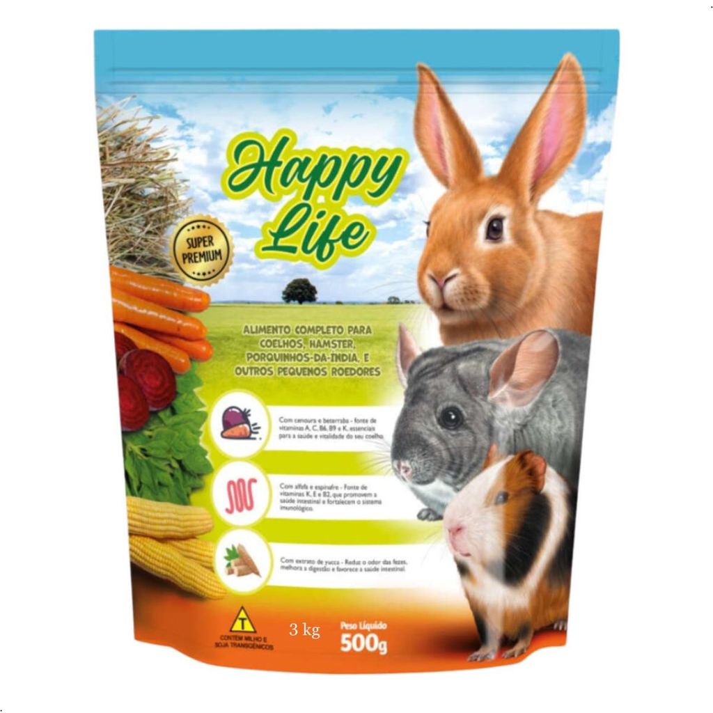 Ração Coelho Happy Life Roedores Alimento Completo 500g