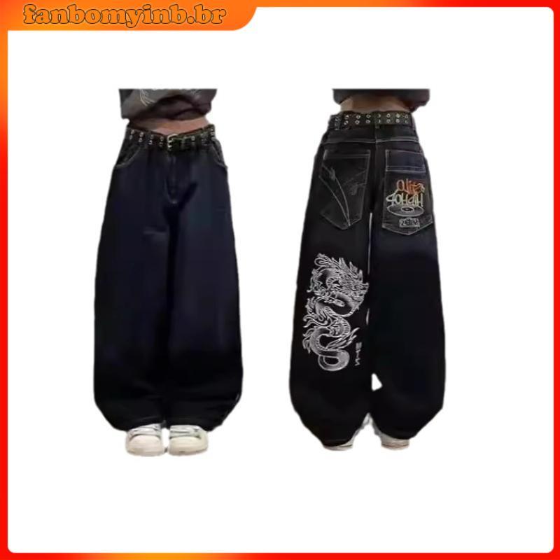 2024JNCO-Y2K Jeans Baggy Mulheres Carta Vintage Preto Gótico Hip Hop Street Skate Calças Harajuku Novo 2024
