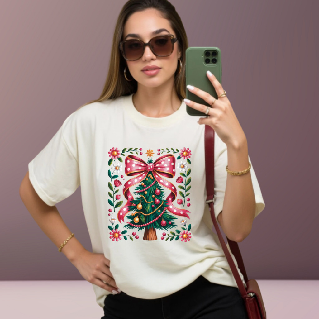 Camiseta Camisa T-shirt T-shirt Camisa Unissex Básica Estampada Arvore de Natal Laços 100% Algodão Envio Rápido Envio Ra