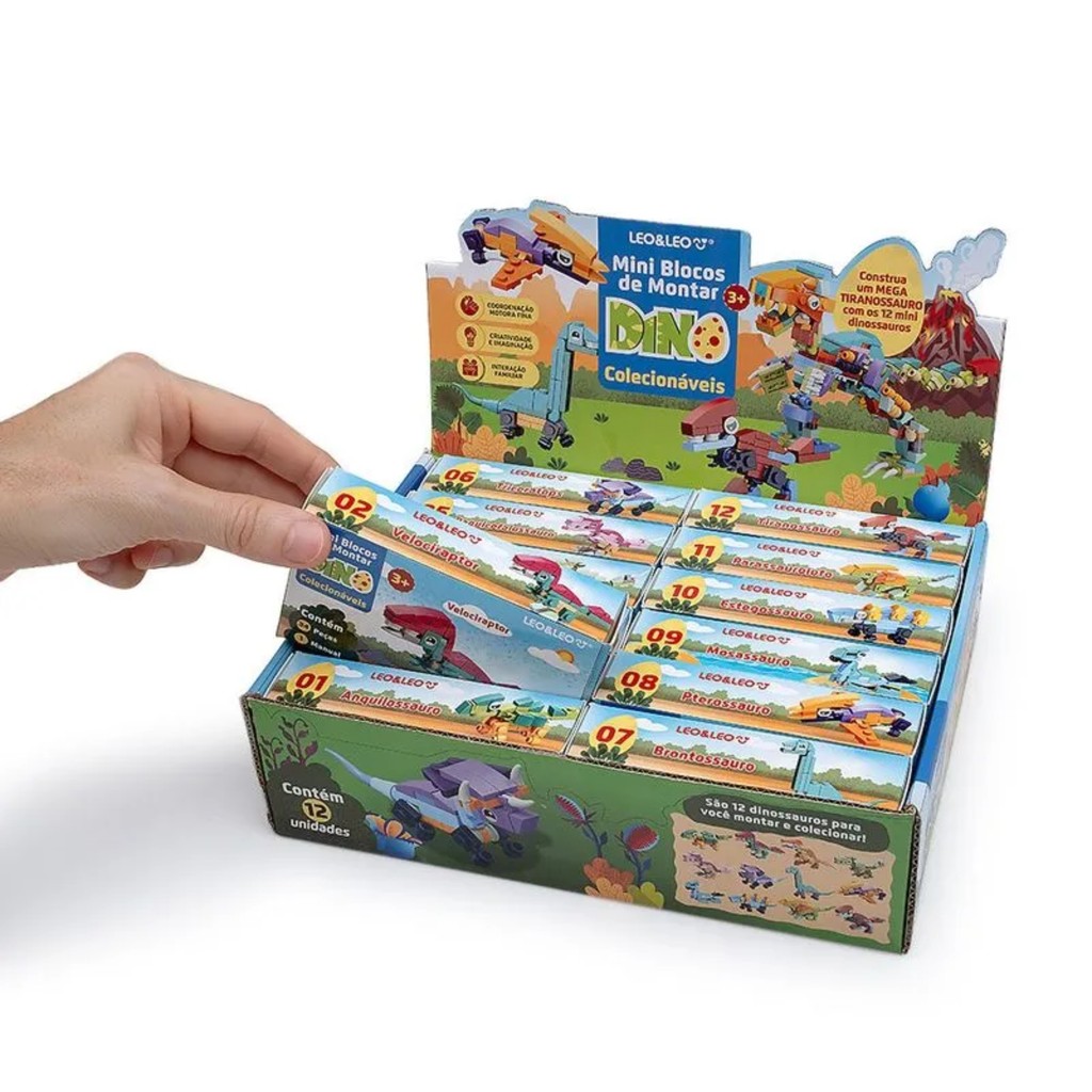 Bloco de Montar Mini Dino Display C/ 12 unidades sortidas Leo&Leo Leonora - 10391 em Oferta na Shopee