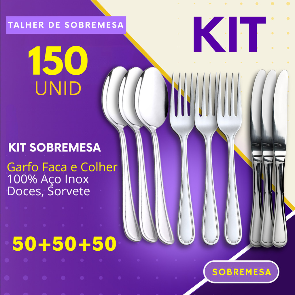 Garfo Faca e Colher de Sobremesa 150/72/45 ou 36 Peças Inox Sorvete Bolo Açaí Doces Restaurante