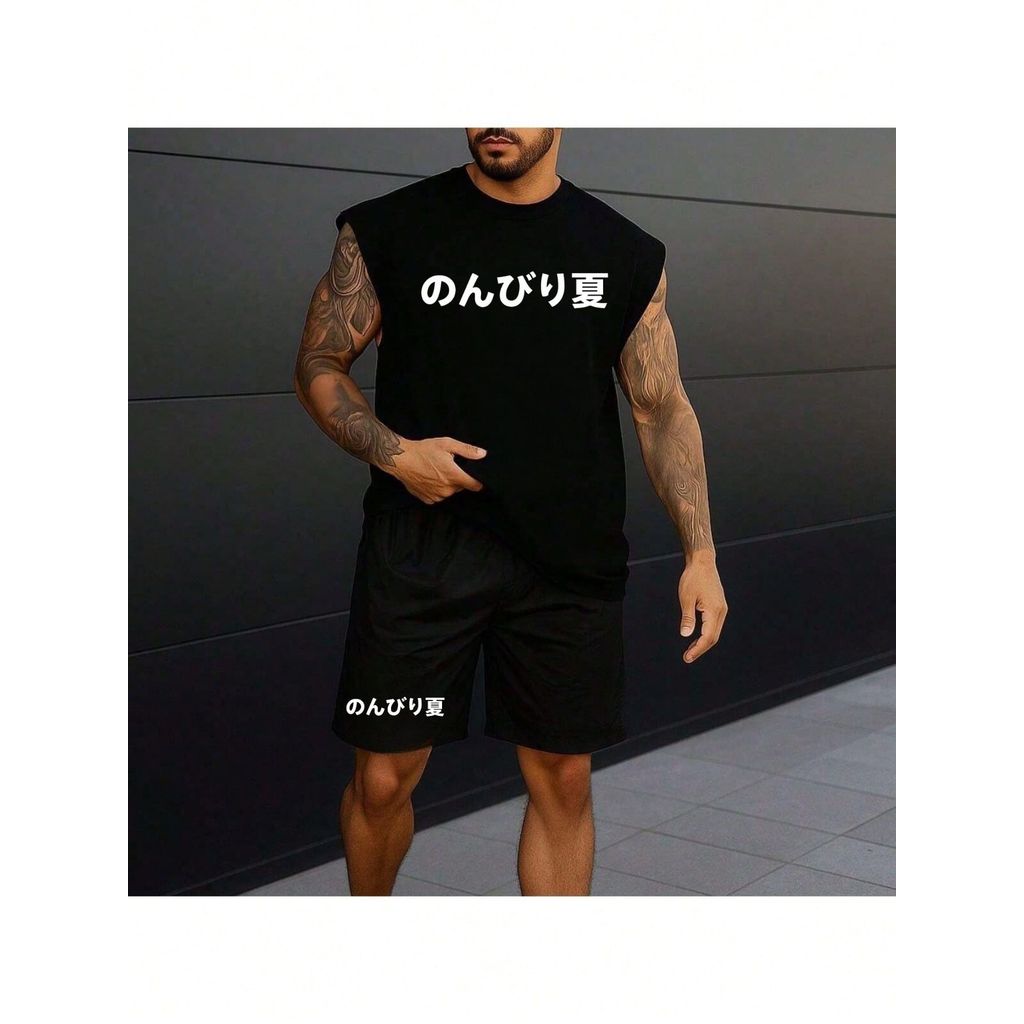 Kit Conjunto Regata e Bermuda Tectel Japonês Praia Camiseta 100% Algodão Treino Academia